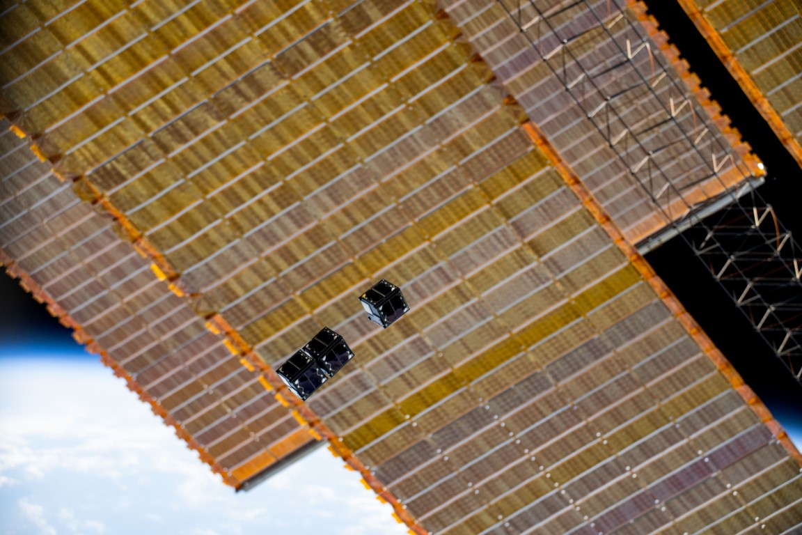 Binar-2, 3 & 4 shortly after deployment from the ISS. Photo Credit: JAXA