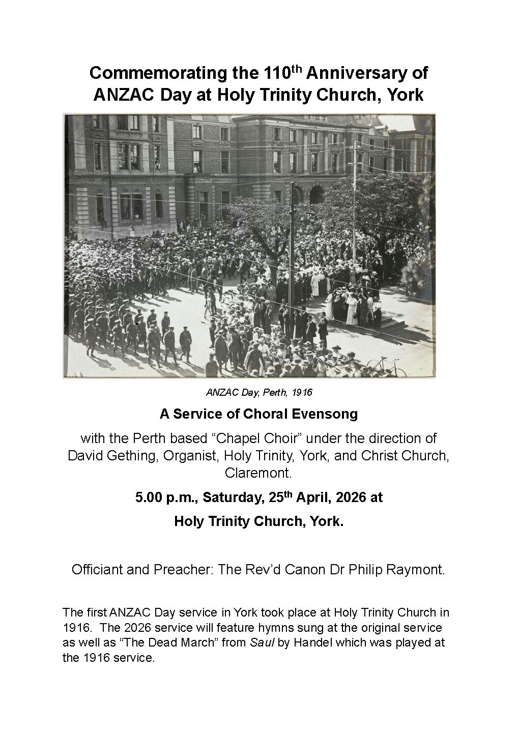 York 110th Anniversary of ANZAC Day at Holy Trinity Church