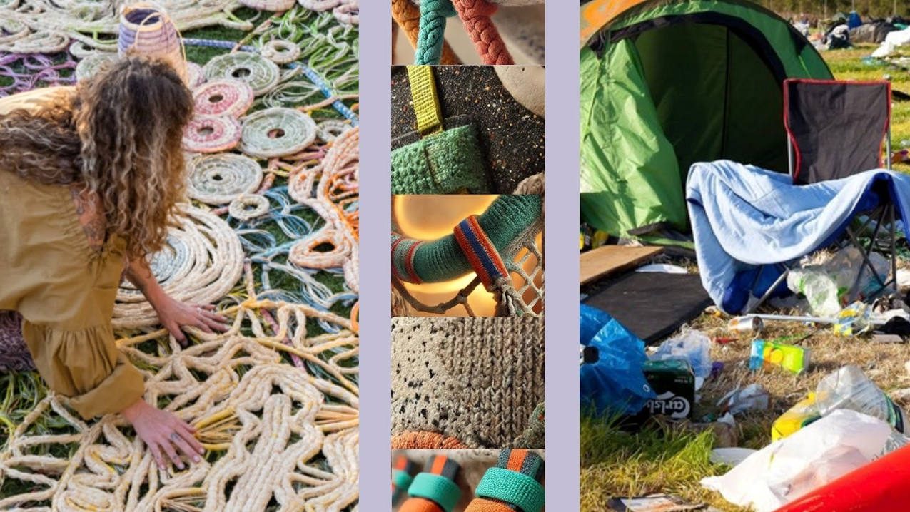 UnitePlayPerform - Reclaim and Transform Initiative, reclaimed outdoor gear (Pitch Music and Arts Festival). Material transformation moodpboard: 2026. Image by Melissa Gilbert.