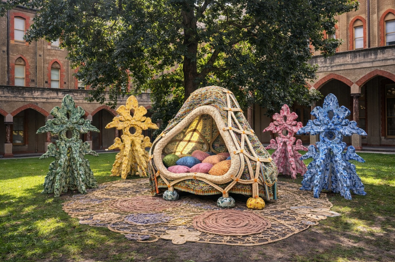 UnitePlayPerform: Reclaim and Transform Initiative – Hybrid Habitat including: Chrysalis Series, Elemental Sigil Series, Unity Web. AI mock up Design for Melbourne Design Week 2026 by Melissa Gilbert within Convent Garden, Abbotsford Convent.