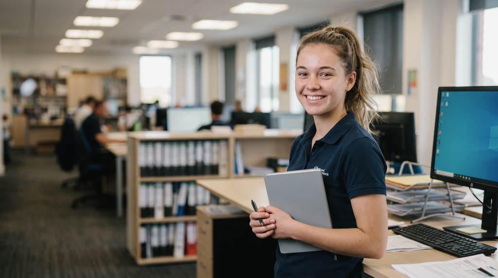 A smiling student in a dark blue polo shirt, leans against a workstation in an open plan office, holding a notebook and pen.