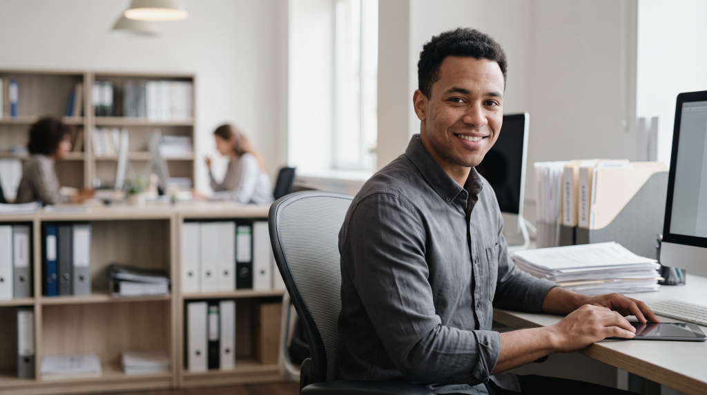 A business admin student in a dark grey button up shirt smiles from his desk, with a computer monitor and files on the desk nearby.