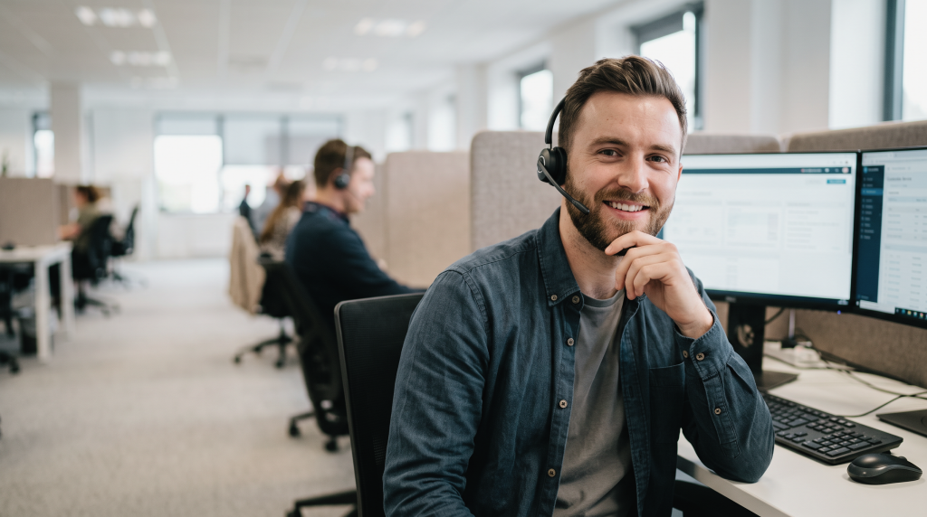 A customer service student wears a telephone headset and smiles from a cubicle workstation, with multiple manned workstations beyond.