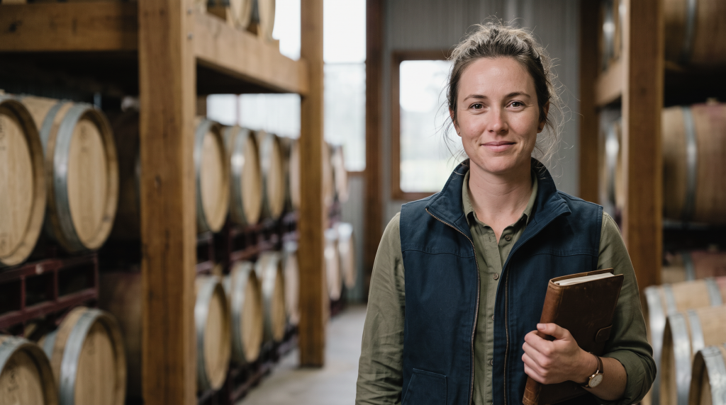 A business operations student wearing a kaki shirt and a dark green vest, stands with a folder between rows of wooden barrels.