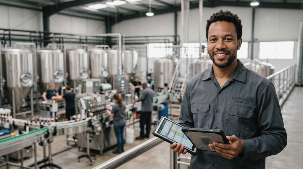 A smiling business operations student in a grey button up work shirt, holding a tablet on a commercial production floor to oversee production.