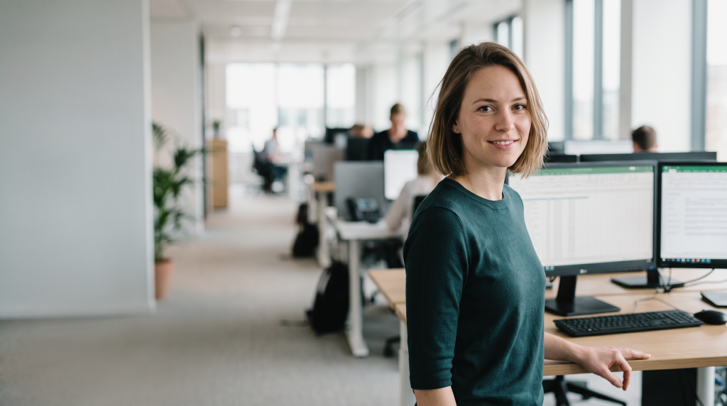A smiling student in a dark green top stands next to a wooden desk with dual monitors in a bright, open-plan office space.