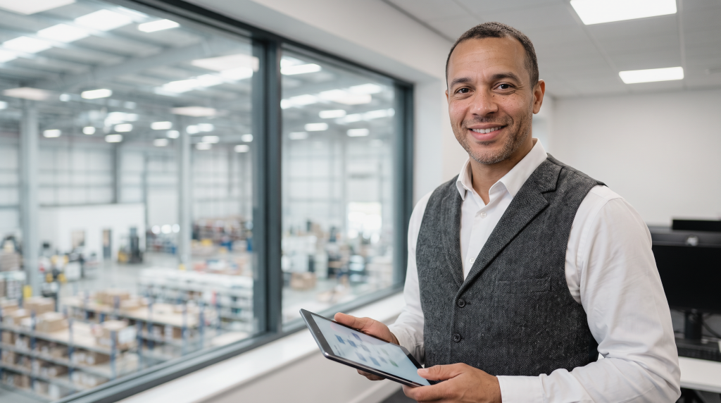 A confident business leader or management professional stands in an open-plan corporate office, demonstrating corporate readiness and leadership capabilities.