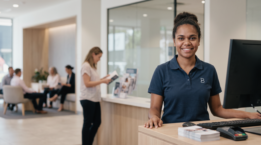 A finance student wearing a navy polo, smiles out from a reception counter with a computer terminal, digital payment device and a stack of brochures.