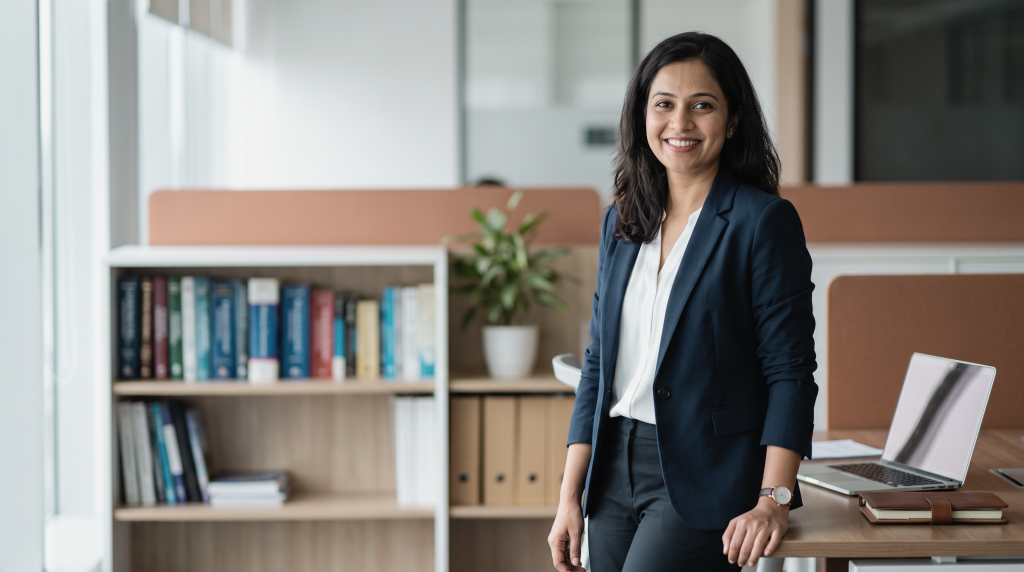 A smiling Human Resources student wearing a dark blazer over a white shirt. stands by a study desk, mastering essential employee relations and compliance modules.