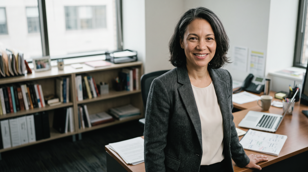 A confident human resources coordinator or personnel manager stands ready at her workstation to support staff onboarding, employee relations, and workplace operations.