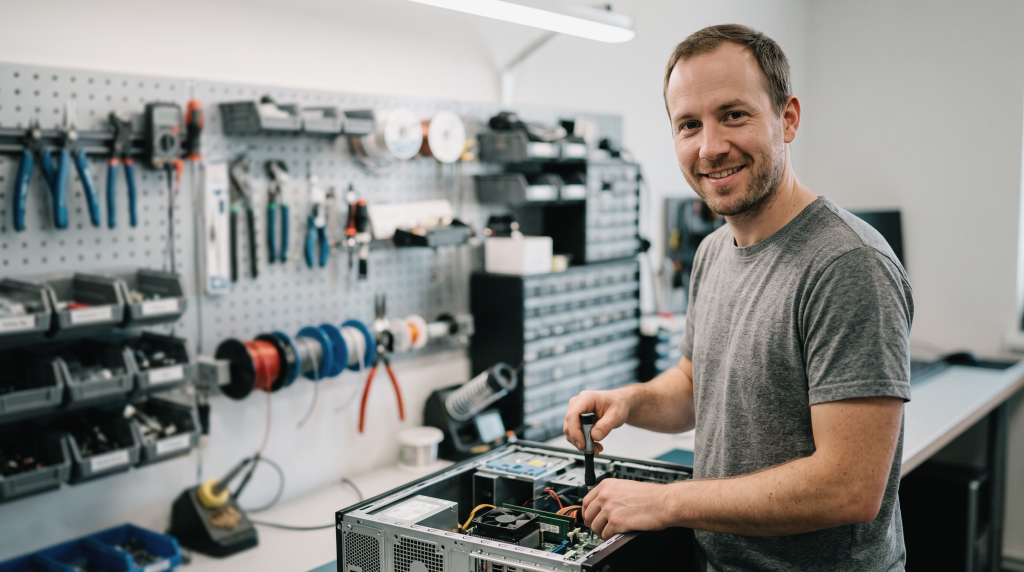 An IT student with a beard, wearing a grey t-shirt, smiles while using a screwdriver to assemble a computer tower, mastering system administration components.