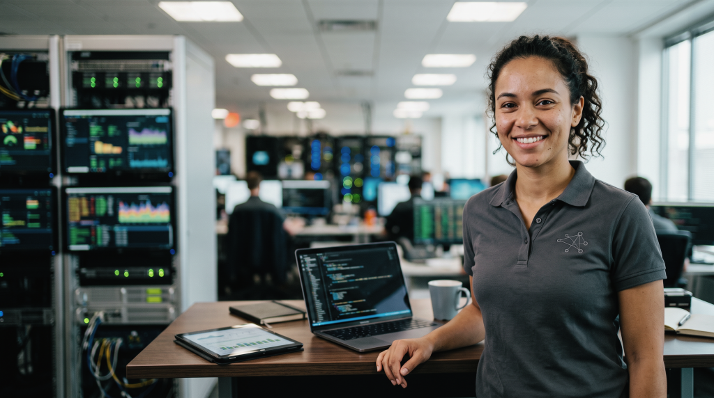 A smiling woman with curly hair tied back wears a grey polo shirt with a networking logo and stands next to a wooden desk featuring an open laptop displaying computer code, a coffee mug, and a tablet, with a brightly lit IT operations center or server room in the background.