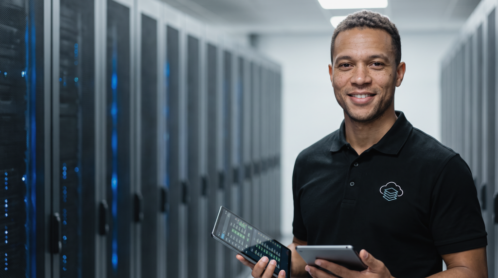 A smiling networking student wearing a black polo shirt stands in a data server room holding a digital tablet.