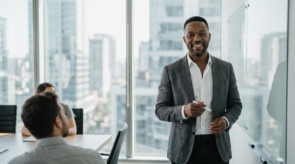 An executive business leader or corporate trainer stands confidently at a whiteboard, ready to deliver a strategic presentation or facilitate a leadership workshop.