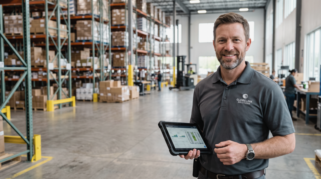 A student in a grey polo smiles while holding a tablet in a large warehouse with high storage racks.