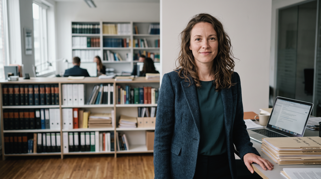 A confident legal administration or paralegal student stands by her workstation, prepared to manage legal files, client documentation, and case research in a professional law firm environment.