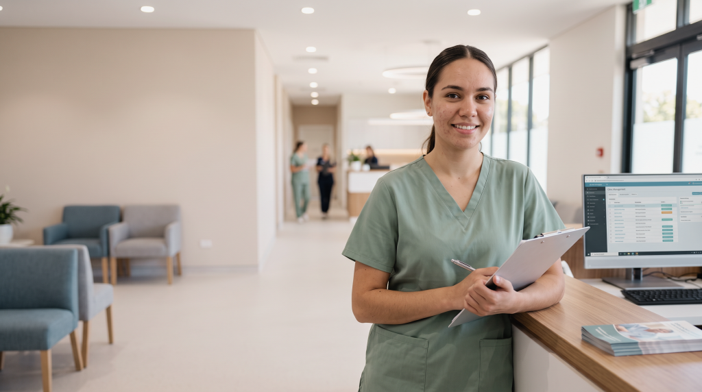 A medical admin student holds a clipboard standig in a cozy waiting room, leans against a reception desk with a computer monitor behind it.