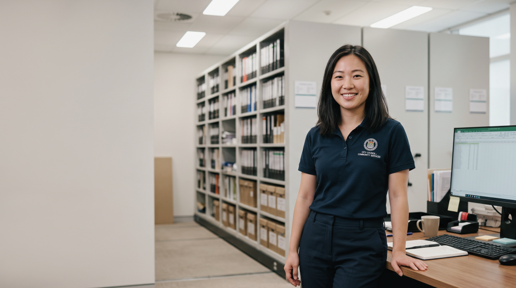 A smiling student wearing a navy polo shirt leans against a workstation, with a compactus unit full of files in the background.