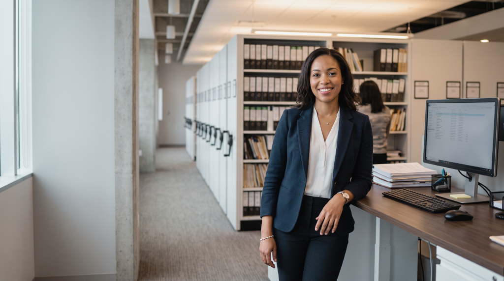 A smiling information management student in a blue blazer leans next to computer workstations and mobile filing shelving units.
