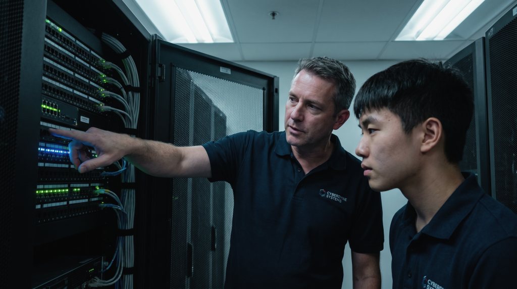 An IT trainee receives practical, hands-on instructions from a supervisor on maintaining hardware infrastructure inside a server rack.