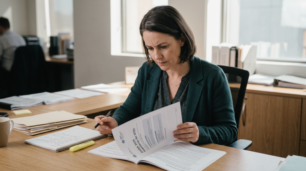 An RTO manager carefully reviews the ASQA Standards for RTOs document at her desk to ensure ongoing training compliance.