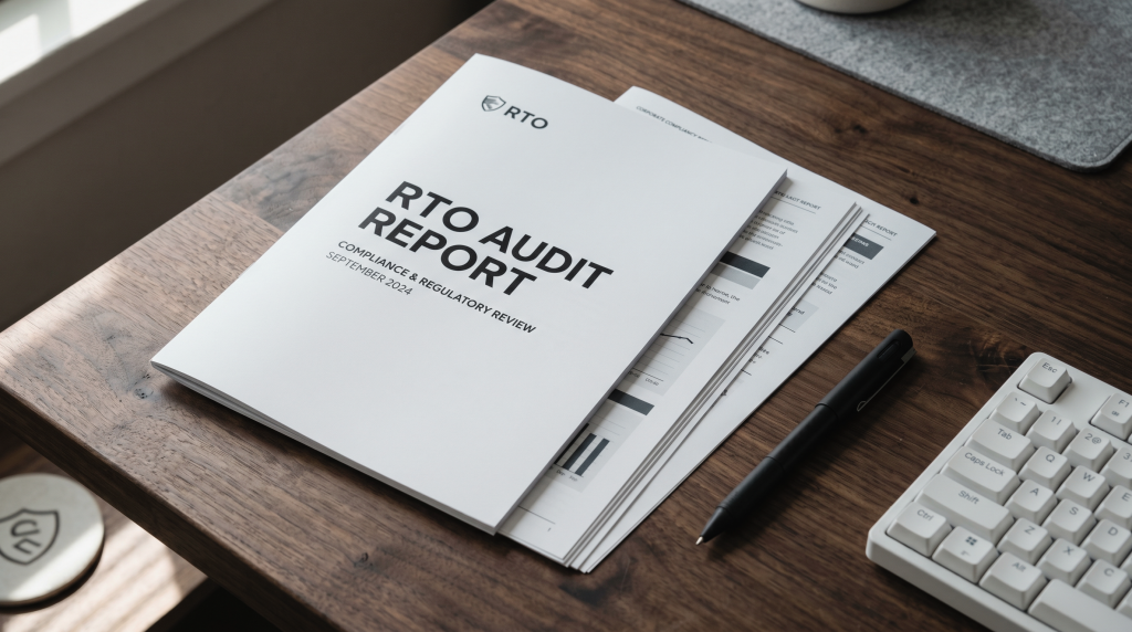 A printed RTO Audit Report for a compliance and regulatory review sits on a workspace desk, indicating transparent quality standards.