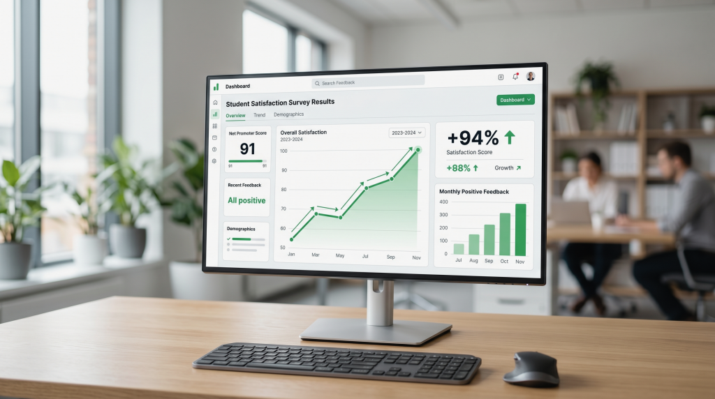 A desktop monitor displays positive Student Satisfaction Survey Results, highlighting high performance data for NSW Smart and Skilled.