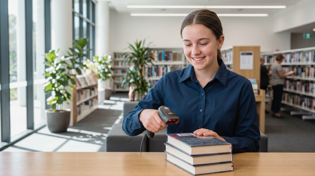An information services trainee smiles while using a handheld barcode scanner on a stack of books at a library counter.