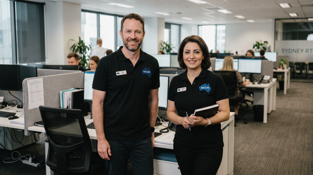 A smiling man and woman in black ACCM polo shirts standing in front of a workstation in their bright, modern office hub.