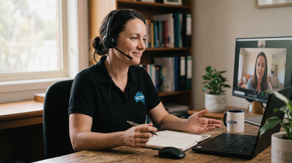 An ACCM student wellbeing officer wearing a headset provides compassionate mental health and study support via video call.