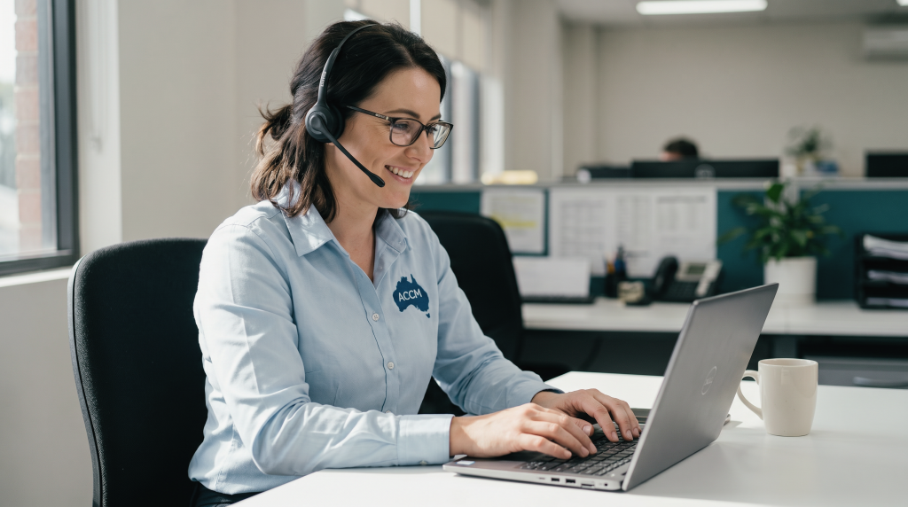 A smiling ACCM support officer wearing a headset types on her laptop while assisting an online student with coursework.