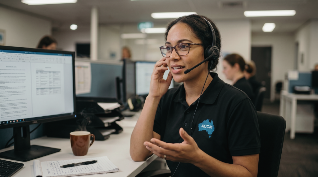 A smiling ACCM student support team member wearing a headset speaks to an online learner while reviewing notes at her office desk.