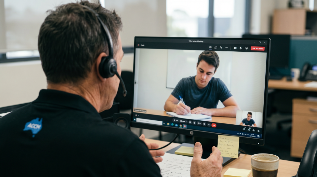 An RTO student adviser wearing a headset conducts a video coaching session with a student who is taking notes on screen.