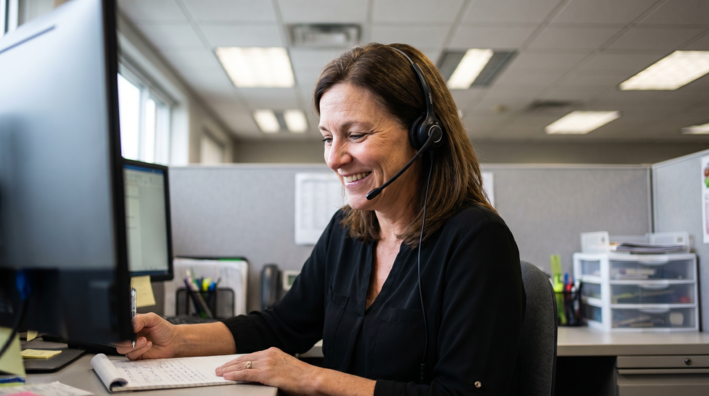 A smiling RTO support staff member wearing a headset takes notes while assisting a student over an online support call.