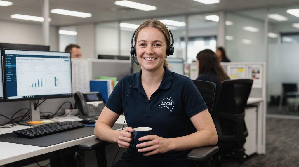 A smiling ACCM student support team member wearing a headset holds a mug at her office desk, ready to assist online learners.