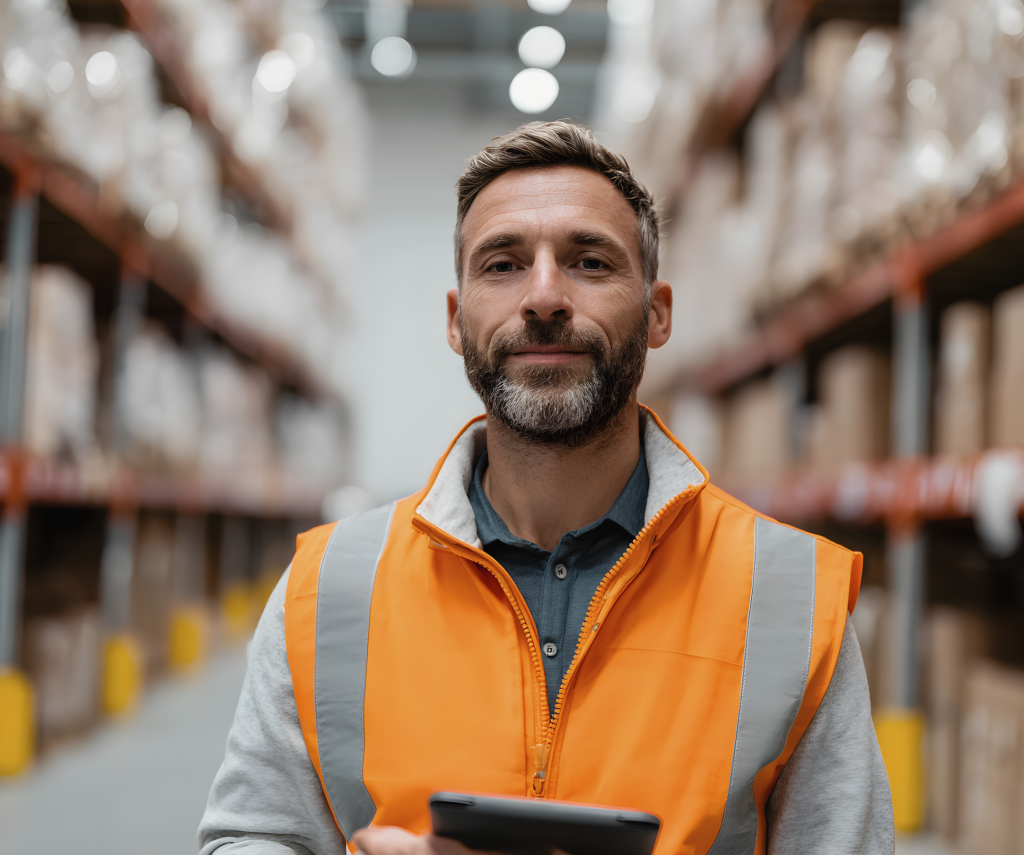 An adult manager in a high-vis vest stands next to warehouse shelving holding a digital tablet.