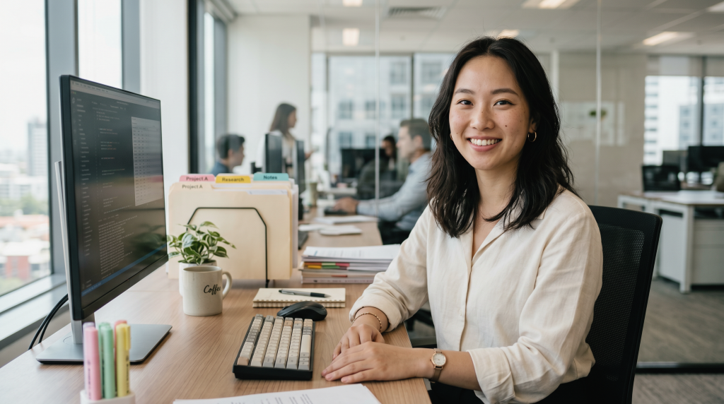 A learner wearing a white blouse smiles out  from their workstation in a busy, professional law office environment.