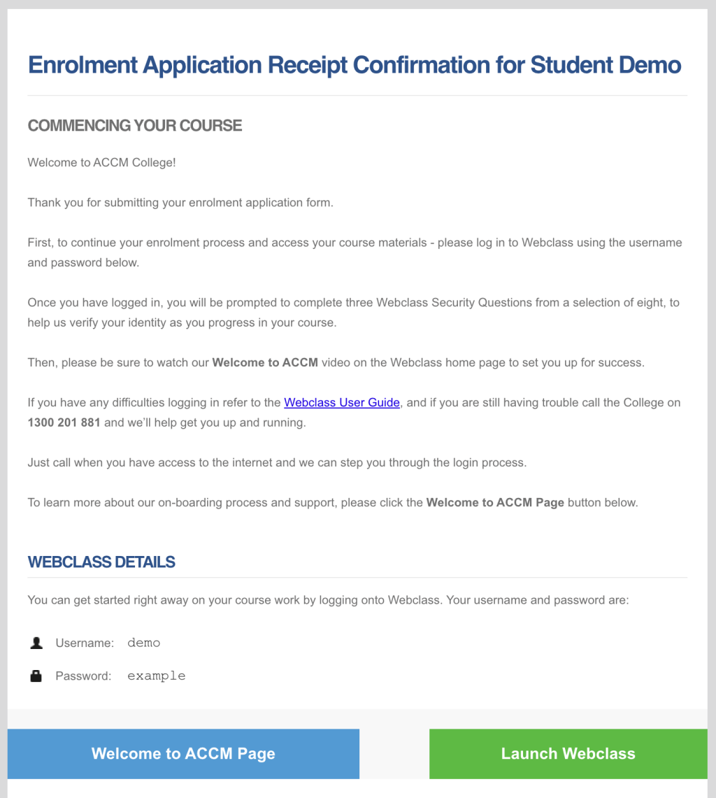 Example Enrolment Application Email.