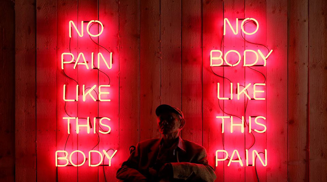 Artist David Medalla in front of Lani Maestro's 