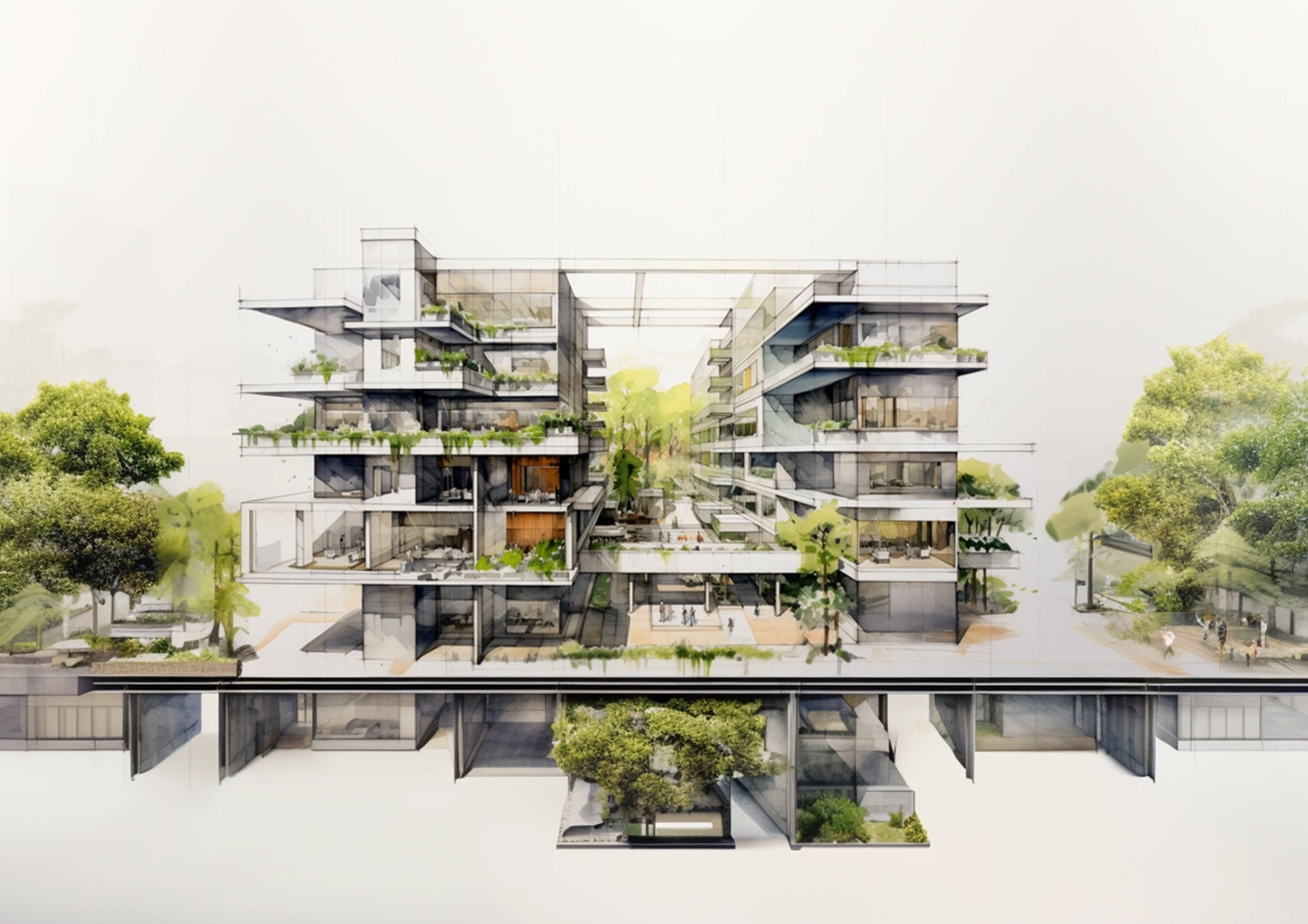 An architectural drawing of a multi-story mixed use building with two mid rise towers.