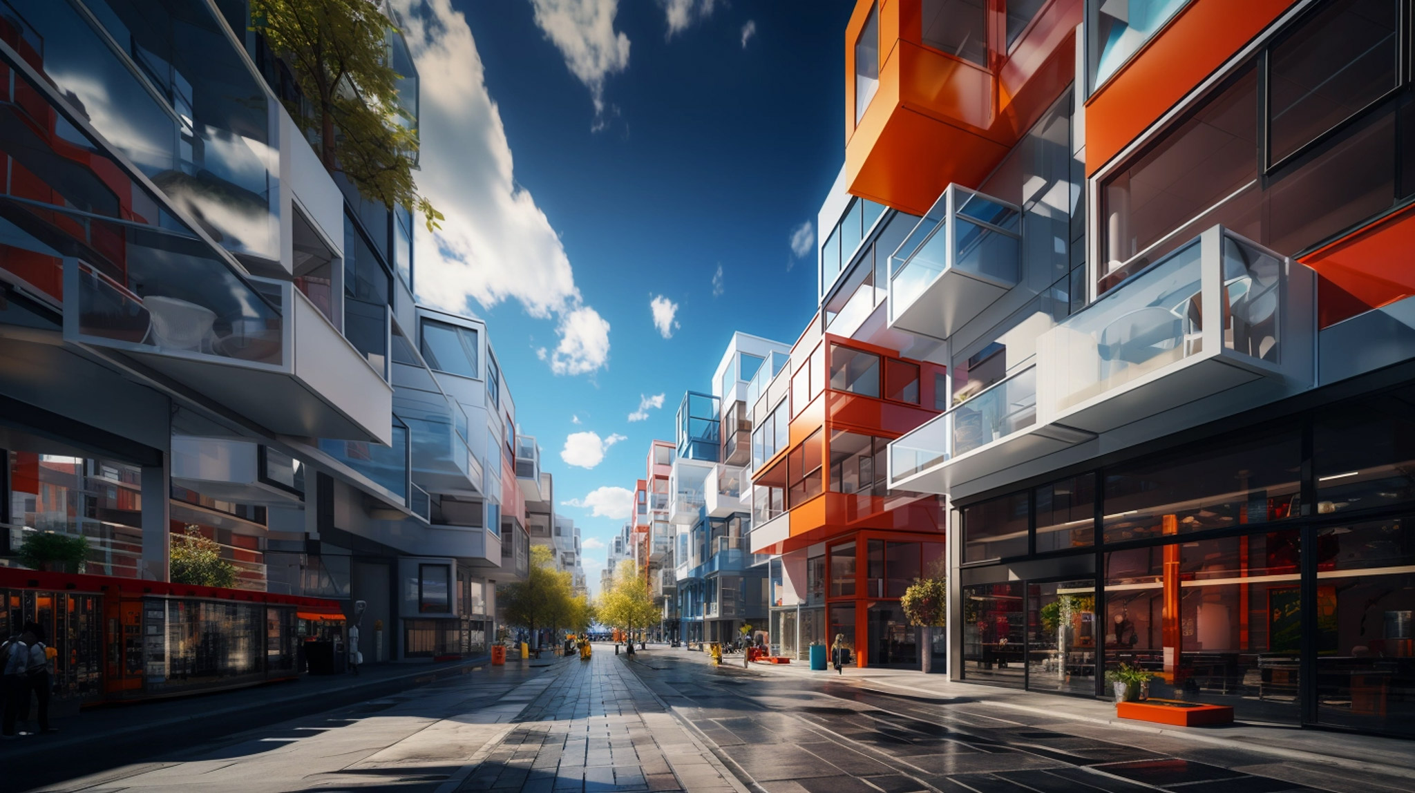 A colorful modern mixed use development with retail spaces on the ground floor and in the upper floors.