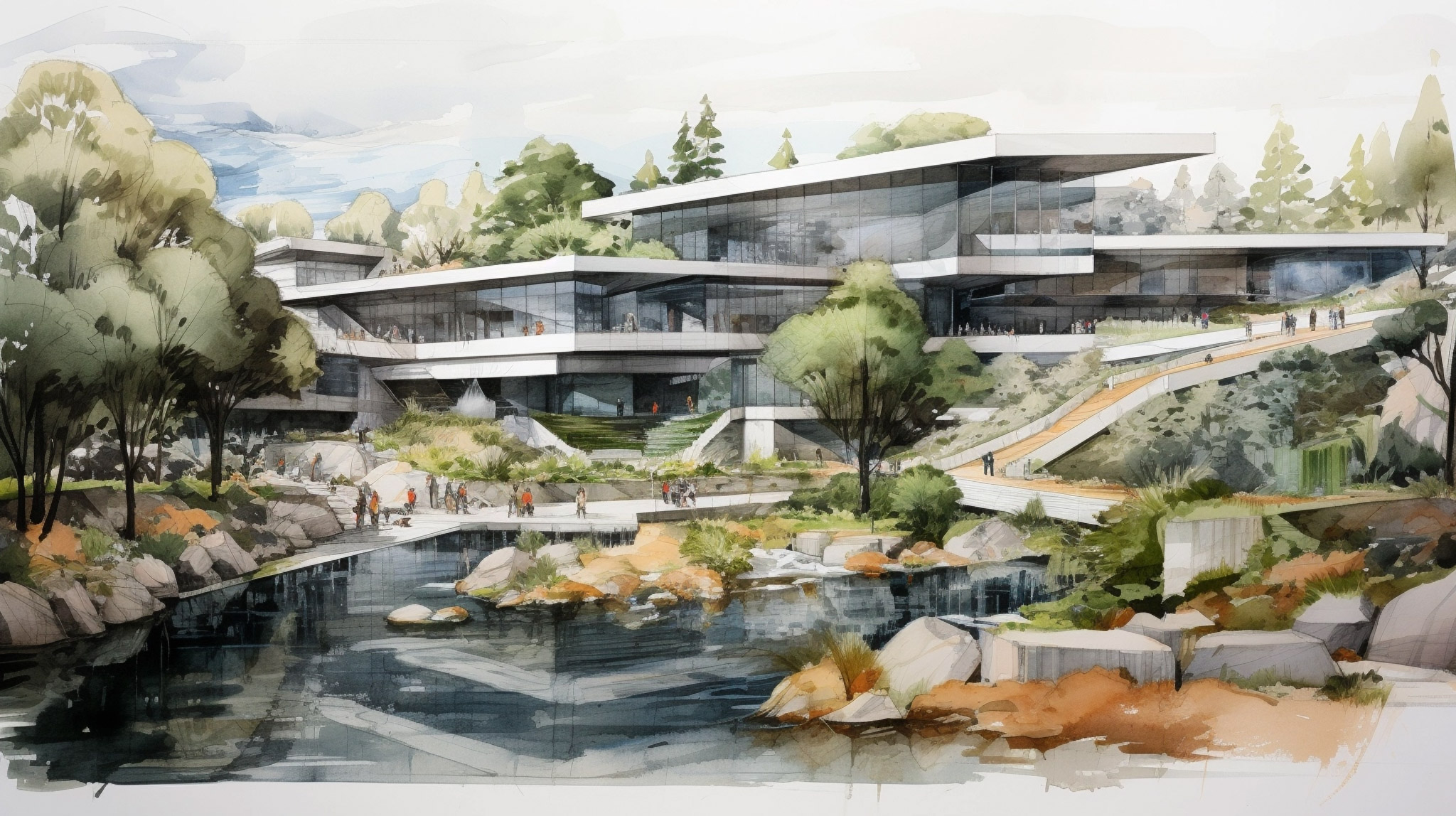 A modern minimalist low rise multi-level mixed use development surrounded by trees and water features.
