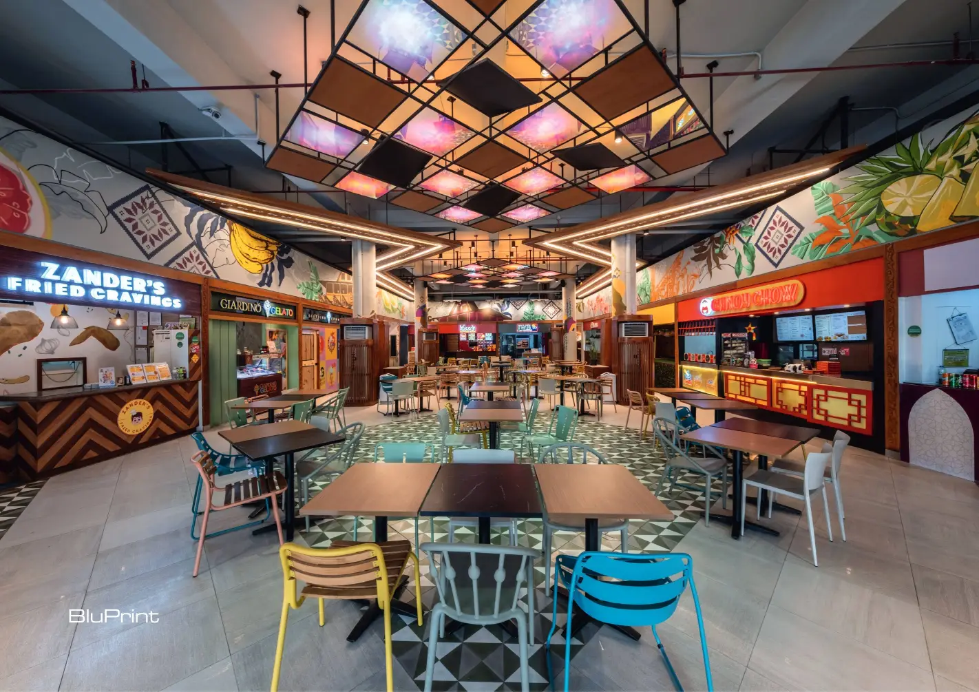 From the entrance, the explosion of colors, patterns, and art can immediately be appreciated through the food hall’s open layout.