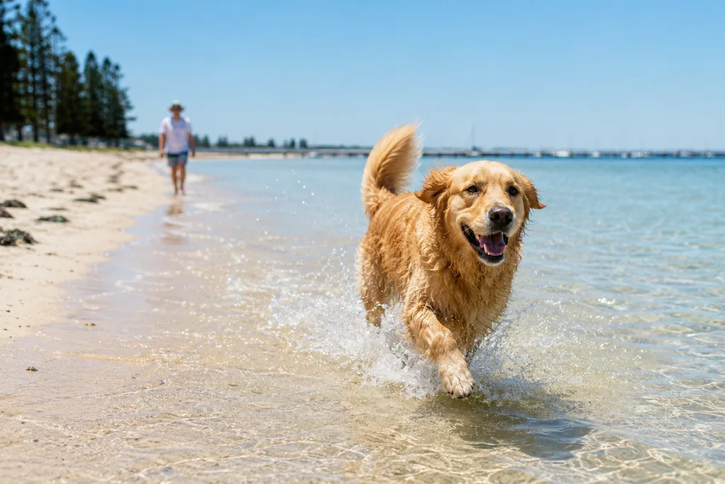 Happy dog running along a dog-friendly Busselton beach