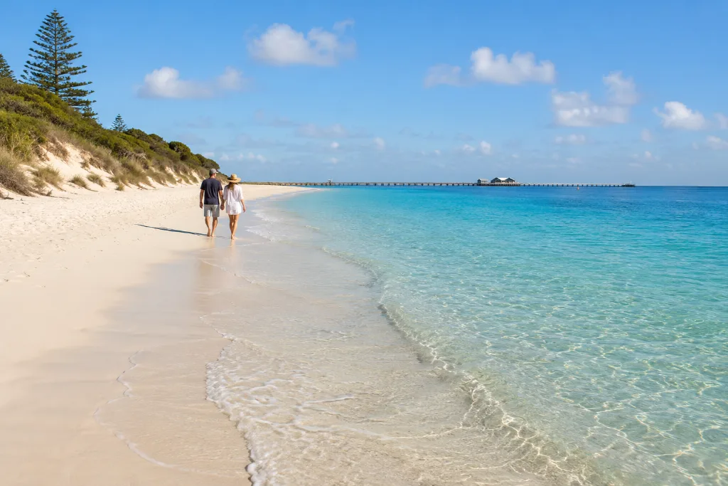 Couple walking along the calm shoreline of Geographe Bay in Busselton
