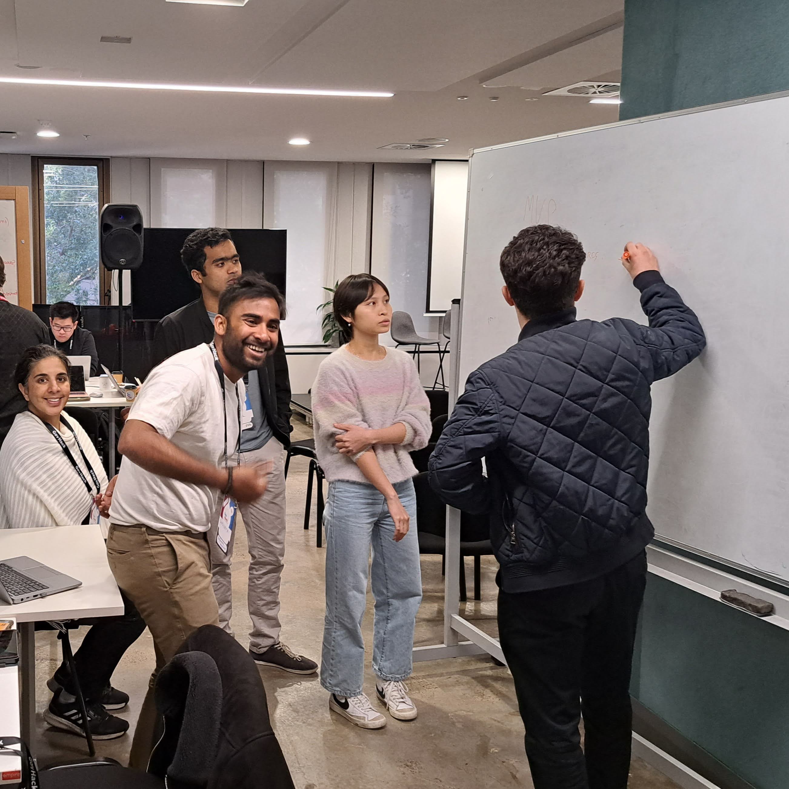 Project team working around a whiteboard
