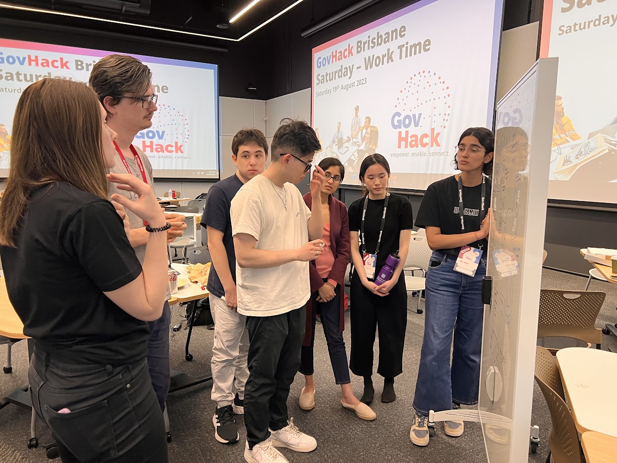 Group and Mentors gathered around a whiteboard