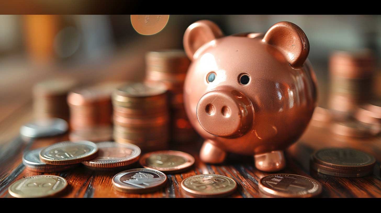 Piggybank with coins surrounding it on a wood table surface