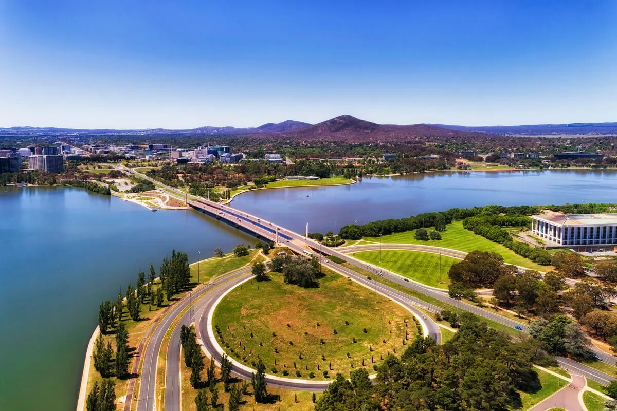 Aerial view of Lake Burley Griffin bridge and National Library in Canberra