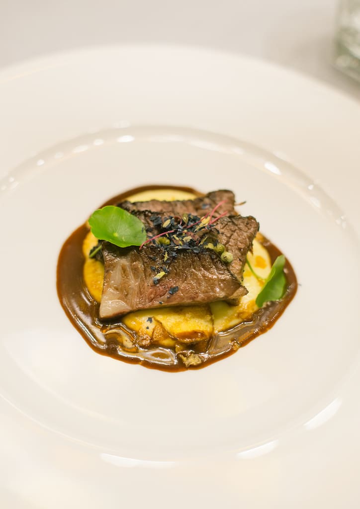 Beef, Cacao, Hibiscus - Slow poached beef short ribs cooked in cacao butter, hibiscus & chocolate glaze